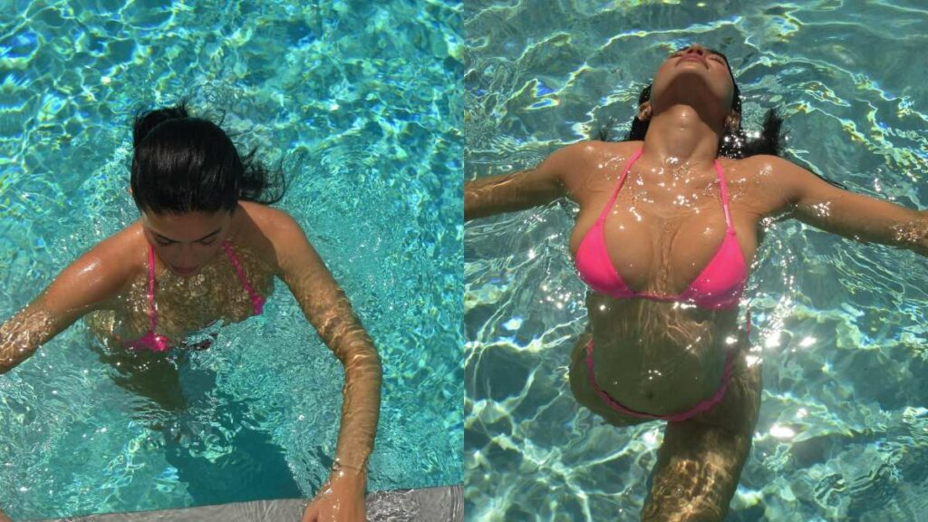 Kylie Jenner nadando en su piscina en abril de este año. 